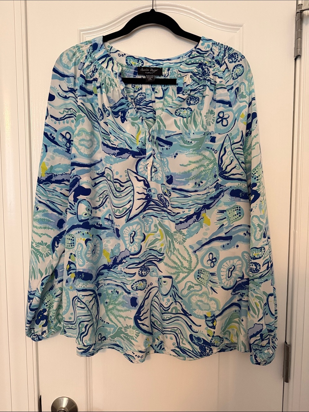 Charlie Paige Ocean-Print Tunic in Light Blue, Navy & Mint